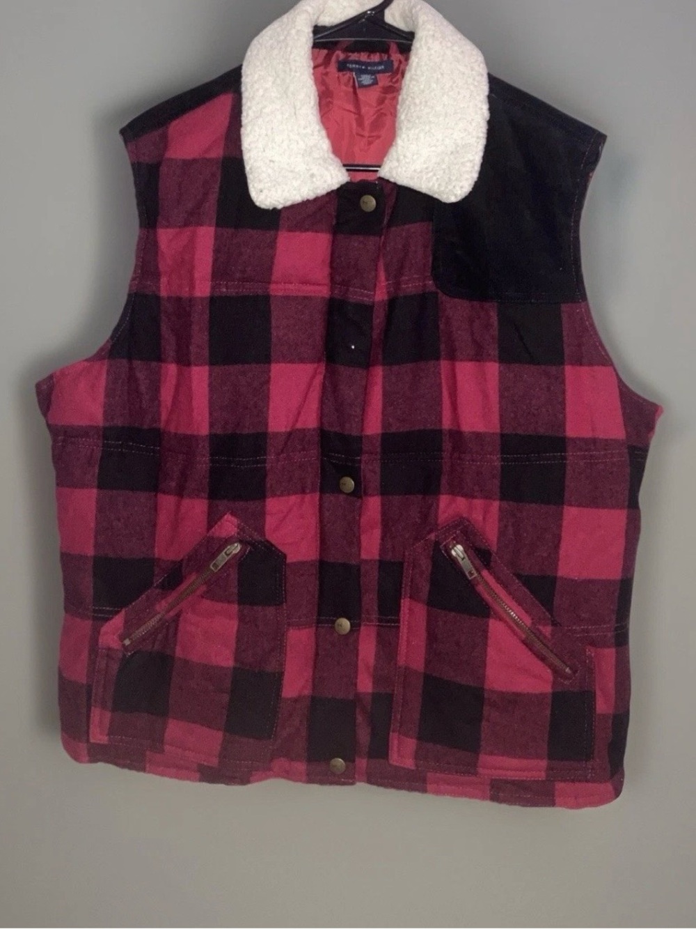 Tommy Hilfiger Red Black Plaid Flannel Vest Shearling Collar Quilted Rustic XXL
